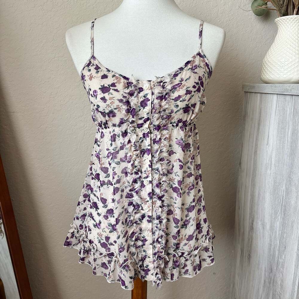 Express Y2K Floral Babydoll Cami Top Purple Ruffle Semi Sheer Boho Fairycore S